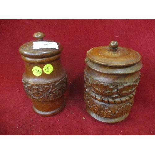 89 - 2 HAND CARVED TURNED TREEN LIDDED POTS