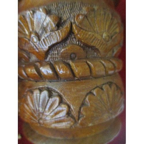 89 - 2 HAND CARVED TURNED TREEN LIDDED POTS