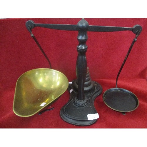 118 - BLACK METAL BALANCE SCALES WITH BRASS DISH, WEIGHTS ETC