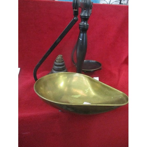 118 - BLACK METAL BALANCE SCALES WITH BRASS DISH, WEIGHTS ETC