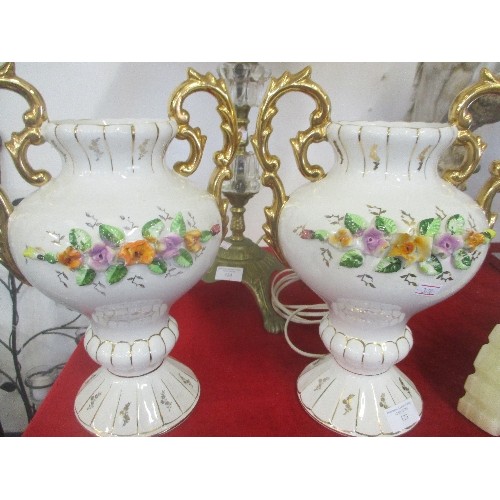 123 - PAIR OF LARGE PORTUGESE URNS WITH GILT & FLOWER DESIGN 32CM TALL
