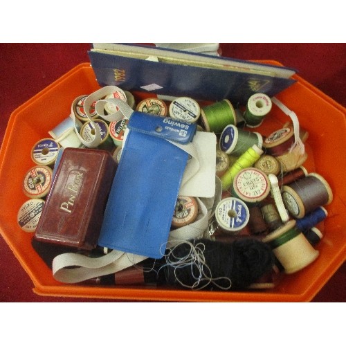 129 - LARGE LOT OF SEWING INCLUDING SEWING STOOL, DRAWERS, BAGS & TUBS OF SEWING ITEMS ETC