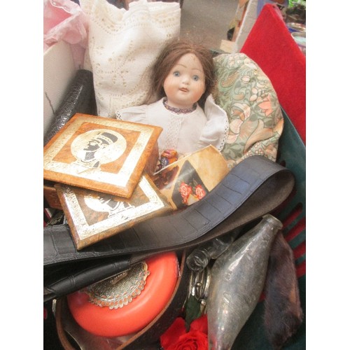 157 - BOX & LINEN BASKET OF MISCELLANEOUS INCLUDING CANTEEN OF CUTLERY, DOLL, NESTING EGYPTIAN BOXES ETC
