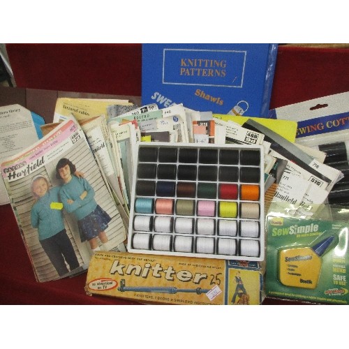 163 - BOX OF ASSORTED KNITTING & SEWING ITEMS INCLUDING PATTERNS, COTTONS ETC