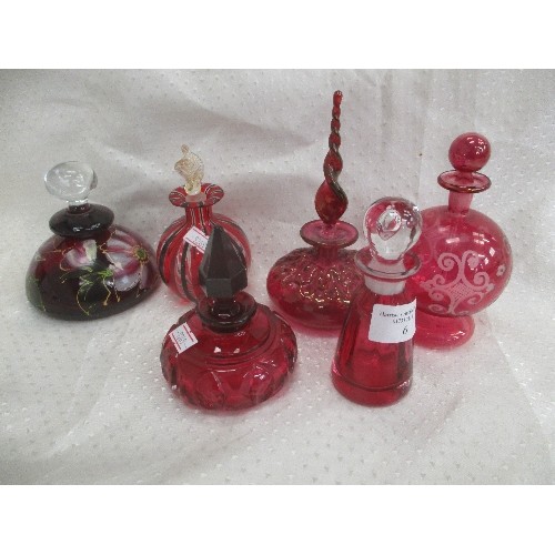 6 - COLLECTION OF 6 GLASS SCENT BOTTLES WITH STOPPERS, IN RED & CRANBERRY GLASS. DIFFERENT STYLES INCLUD... 