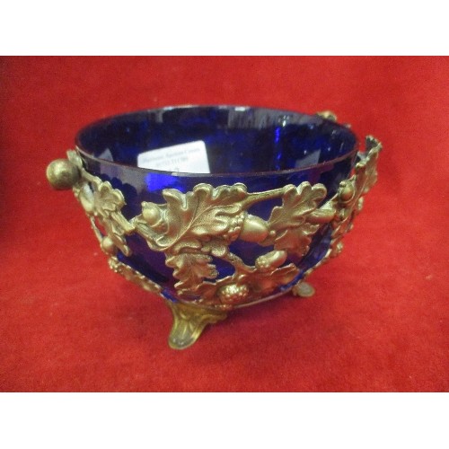 12 - ANTIQUE SILVER PLATED SUGAR BOWL EMBOSSED WITH ACORNS AND OAK LEAVES, WITH BLUE GLASS LINER.