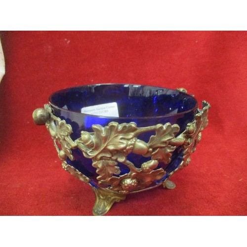 12 - ANTIQUE SILVER PLATED SUGAR BOWL EMBOSSED WITH ACORNS AND OAK LEAVES, WITH BLUE GLASS LINER.