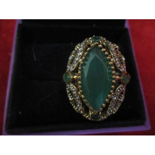 27 - LARGE 925 SILVER & YELLOW METAL DRESS RING WITH GREEN MARQUISE CUT STONE & CLEAR STONES, SIZE T