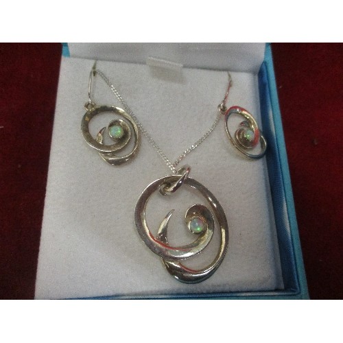 29 - STERLING SILVER & OPAL NECKLACE AND EARRING SET BY PURE ORIGINS. CHAIN 38CM, MARKED 925