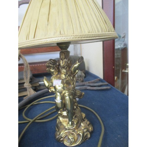81A - VINTAGE GILT BRASS CHERUB TABLE LAMP WITH PLEATED SILK SHADE. HEIGHT OF BASE 24CM