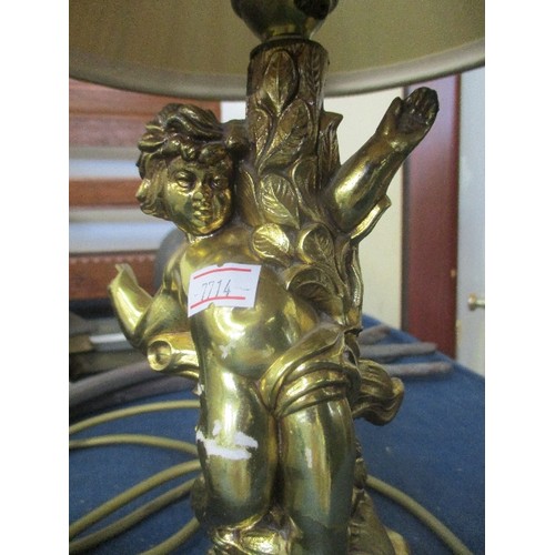 81A - VINTAGE GILT BRASS CHERUB TABLE LAMP WITH PLEATED SILK SHADE. HEIGHT OF BASE 24CM