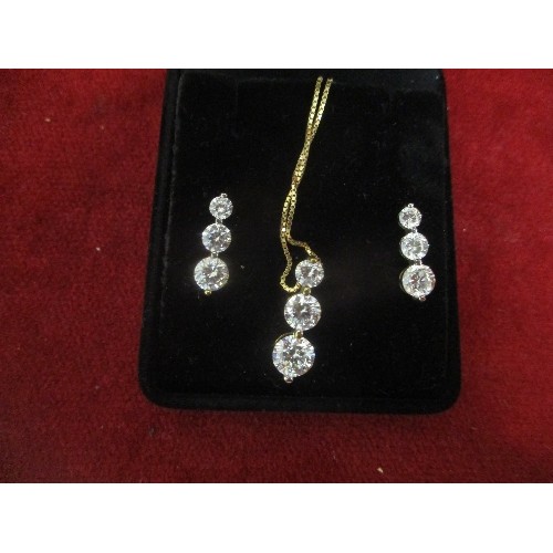 67 - 9CT GOLD SET PENDANT & EARRINGS ON 18 INCH GOLD CHAIN, MATCHING WHITE STONES