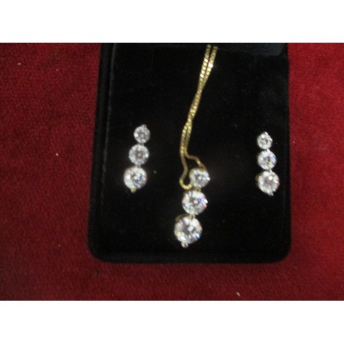 67 - 9CT GOLD SET PENDANT & EARRINGS ON 18 INCH GOLD CHAIN, MATCHING WHITE STONES