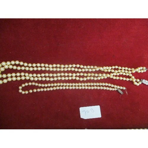 70B - DOUBLE STRAND VINTAGE SIMULATED PEARL NECKLACE WITH A DECO STYLE CLASP TOGETHER WITH A FURTHER SINGL... 