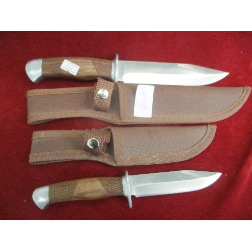 80A - 2 QUALITY HUNTING KNIVES WITH CARVED WOODEN HANDLES BY JACK PYKE OF ENGLAND