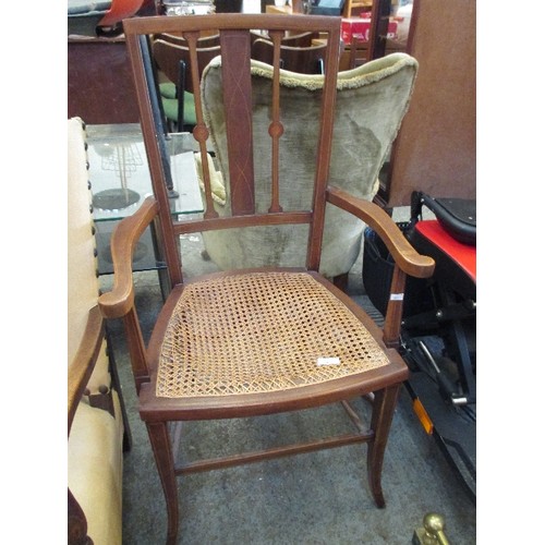 80 - EDWARDIAN MAHOGANY ELBOW CHAIR WITH BOXWOOD STRINGING ON SPLAYED FEET. CANE SEAT IN NEED OF REPLACEM... 