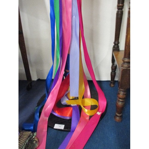 96 - METAL MAYPOLE ON STAND WITH COLOURED RIBBONS