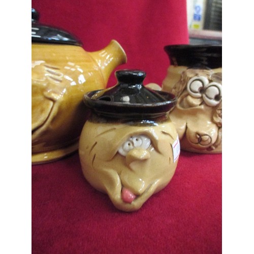 85 - STUDIO POTTERY UGLY MUGS, TEAPOT AND SUGAR BOWL