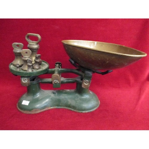 88 - CAST IRON KITCHEN SCALES BY VICTOR ENGLAND  AND SET OF GRADUATED BRASS WEIGHTS