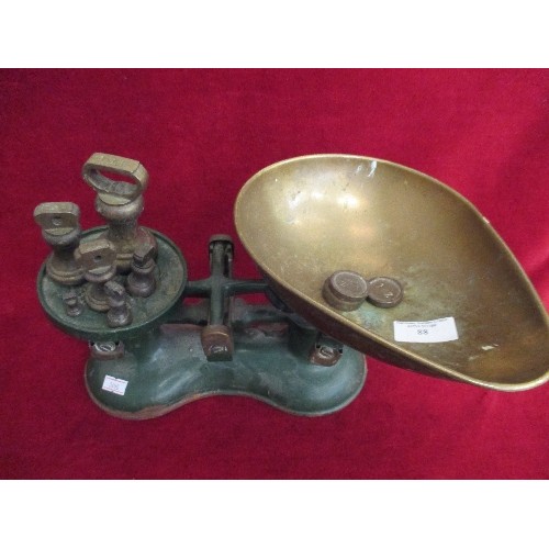 88 - CAST IRON KITCHEN SCALES BY VICTOR ENGLAND  AND SET OF GRADUATED BRASS WEIGHTS