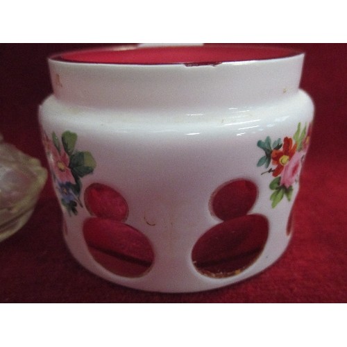 4 - VICTORIAN CASED RUBY GLASS POT WITH WHITE OVERLAY & HANDPAINTED WITH FLOWERS TOGETHER WITH A PAIR OF... 