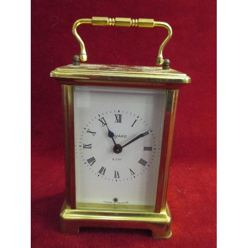 8 - FRENCH BRASS CARRIAGE CLOCK, FACE MARKED BAYARD, 8 DAY, MADE IN FRANCE, MOVEMENT MARKED DUVERDREY & ... 