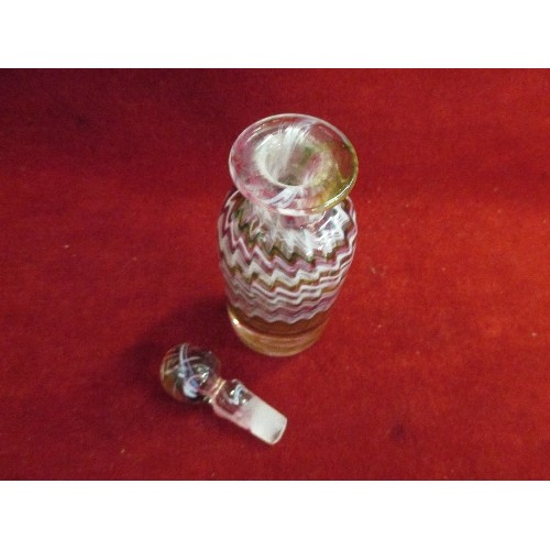 7 - ART GLASS SCENT BOTTLE, PINK, WHITE AND GREEN WITH ENGRAVED SIGNATURE TO BASE - 15CM