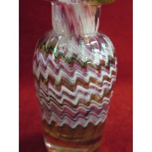 7 - ART GLASS SCENT BOTTLE, PINK, WHITE AND GREEN WITH ENGRAVED SIGNATURE TO BASE - 15CM