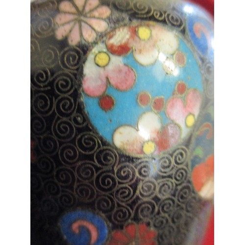 11 - JAPANESE CLOISONNE VASE DECORATED WITH MOUNT FUJI SCENE - SOME DAMAGE AROUND THE NECK - 12CM