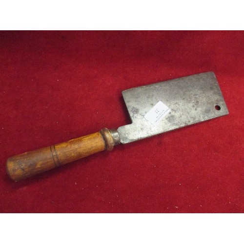 22 - VINTAGE MEAT CLEAVER WITH TURNED WOODEN HANDLE, THE BLADE MARKED H & S L