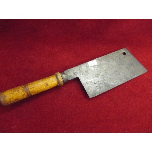 22 - VINTAGE MEAT CLEAVER WITH TURNED WOODEN HANDLE, THE BLADE MARKED H & S L