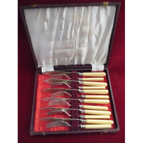 23 - BOXED SET OF FISH KNIVES AND FORKS WITH STERLING SILVER COLLARS