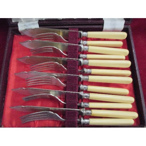 23 - BOXED SET OF FISH KNIVES AND FORKS WITH STERLING SILVER COLLARS