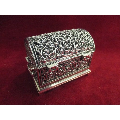 28 - SILVER PLATED DOME TOPPED MINIATURE CASKET - INTRICATE DESIGN - WITH HANDLES - 9CM X 6CM X 7CM