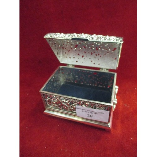 28 - SILVER PLATED DOME TOPPED MINIATURE CASKET - INTRICATE DESIGN - WITH HANDLES - 9CM X 6CM X 7CM