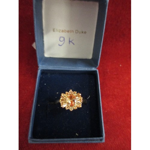 43 - GOLD PLATED DRESS RING WITH CITRINE COLOUR CRYSTALS - SIZE P