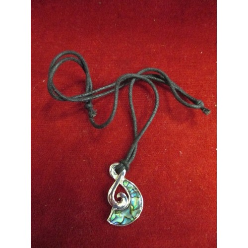 44 - NEW ZEALAND PAUA SHELL AND SILVER METAL PENDANT ON CORD