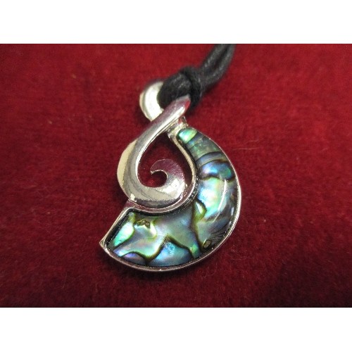 44 - NEW ZEALAND PAUA SHELL AND SILVER METAL PENDANT ON CORD