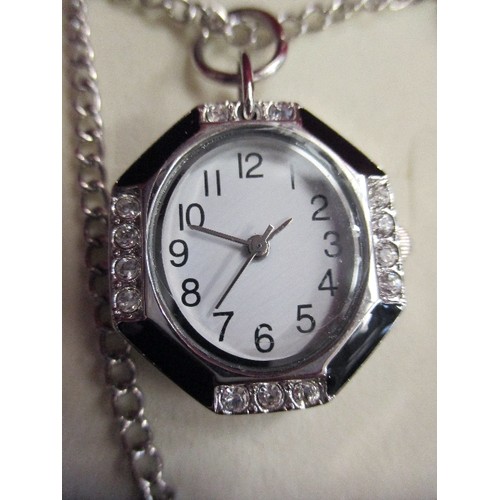 51 - ART DECO STYLE PAST TIMES PENDANT WATCH ON SILVER METAL CHAIN - WITH BOX