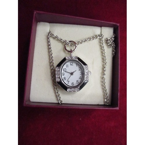 51 - ART DECO STYLE PAST TIMES PENDANT WATCH ON SILVER METAL CHAIN - WITH BOX