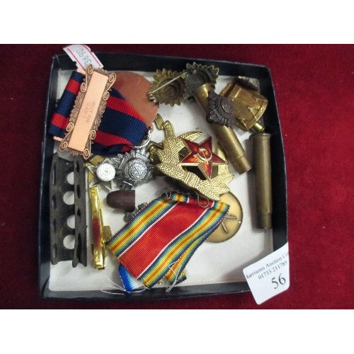 56 - SMALL COLLECTION OF MEDALS AND BADGES - ROYAL NORTH LANCASHIRE, OFFICERS PIPS ETC