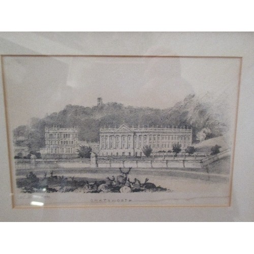 68 - 4 X 19TH CENTURY FRAMED ENGRAVINGS OF DERBYSHIRE BY J & C MOZLEY INCLUDING CHATSWORTH, HADDON HALL, ... 