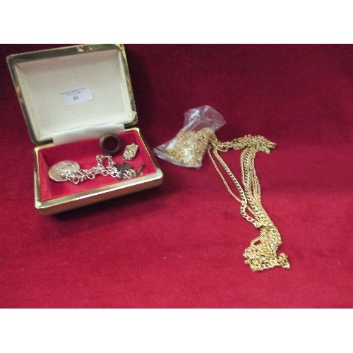 48 - JEWELLERY BOX OF COSTUME JEWELLERY - GOLD PLATED CHAINS, BROOCHES, LAPEL PINS ETC