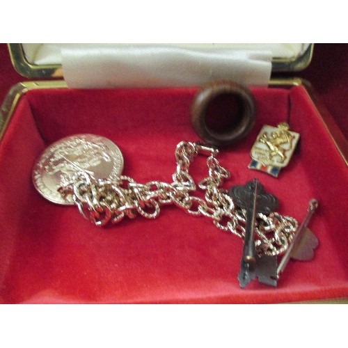 48 - JEWELLERY BOX OF COSTUME JEWELLERY - GOLD PLATED CHAINS, BROOCHES, LAPEL PINS ETC