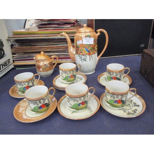 135 - VINTAGE JAPANESE PORCELAIN COFFEE SET BY MIKORI - DECORATED WITH BIRD AND FLOWERS AND COTTAGE SCENE