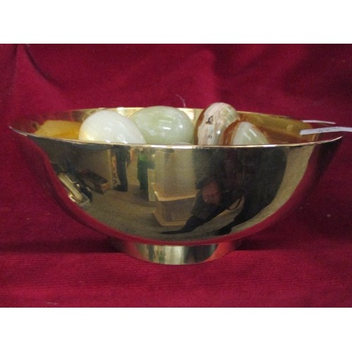 87 - INDIAN BRASS BOWL WITH ONYX/MARBLE EGGS + STUDIO POTTERY CLAM SHELL BOWL