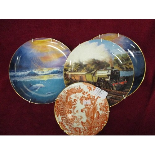 112 - ROYAL CROWN DERBY RED AVES DISH & 3 COLLECTORS WALL PLATES FEATURING STEAM TRAIN & DOLPHINS