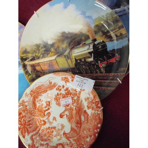 112 - ROYAL CROWN DERBY RED AVES DISH & 3 COLLECTORS WALL PLATES FEATURING STEAM TRAIN & DOLPHINS