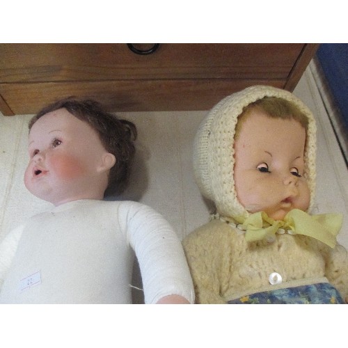 89 - 2 LARGE VINTAGE DOLLS, ONE DRESSED WITH PORCELAIN FACE & HANDS