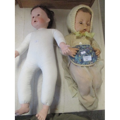 89 - 2 LARGE VINTAGE DOLLS, ONE DRESSED WITH PORCELAIN FACE & HANDS